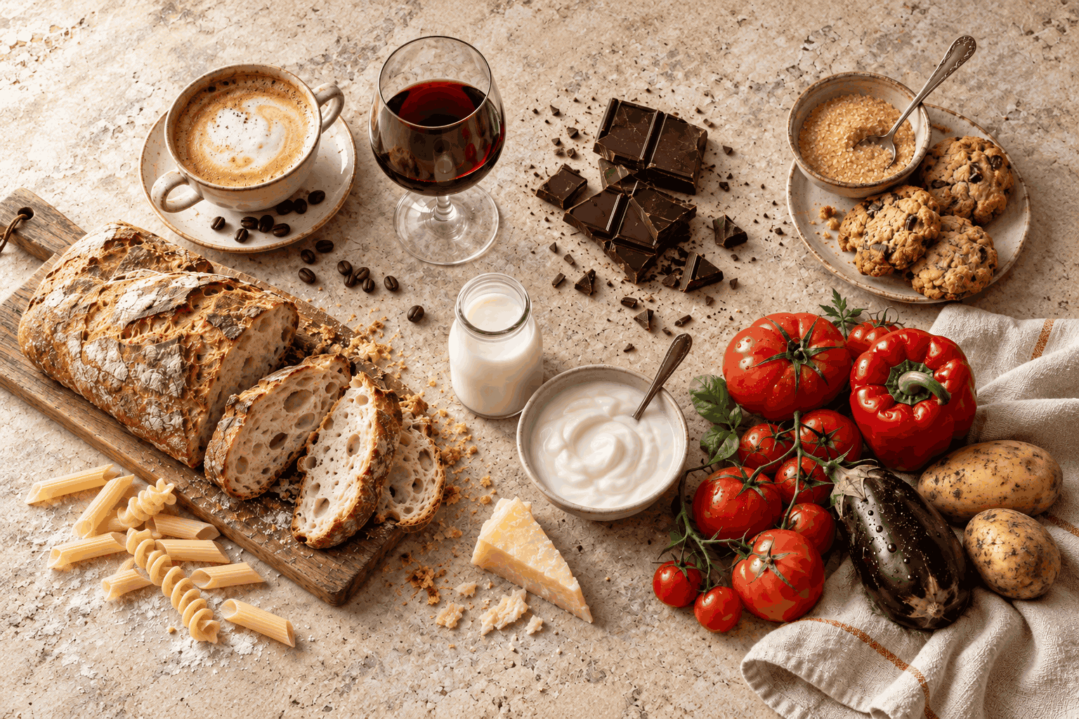 lichen-sclerosus-voeding-vermijden Koffie, rode wijn, chocolade, suiker, gluten, zuivel en nachtschadegroenten als mogelijke voedingstriggers bij Lichen Sclerosus.