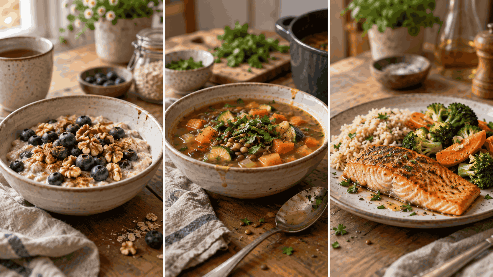 lichen-sclerosus-voeding-voorbeeld-dagmenu Voorbeeld dagmenu met havermout en bessen, groentesoep en zalm met rijst en gestoomde groenten.